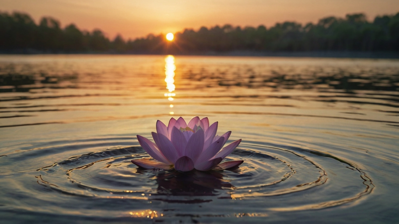 photo of a lotus flower floating in a lake with a sunset in the background