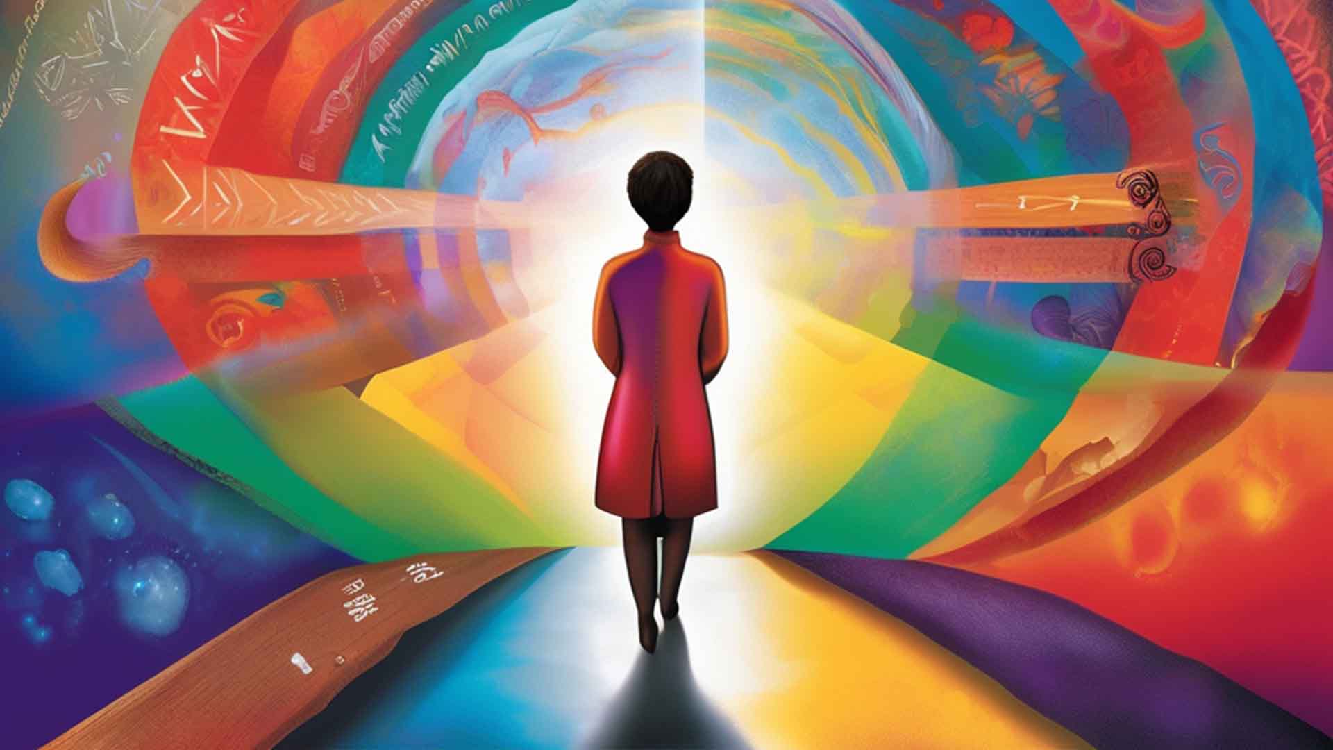 Colorful image of woman facing away from the camera and looking into a bright light coming from the background.